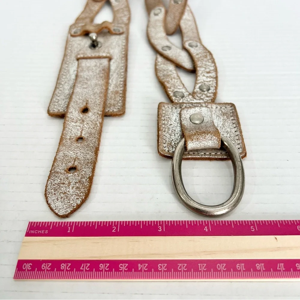 Metallic Distressed Leather Link O-Ring Braided Grommet Belt L Boho Y2K Festival